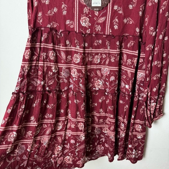 Knox Rose Womens Long Sleeve Burgundy Red Floral Boho Dress - Picture 4 of 10